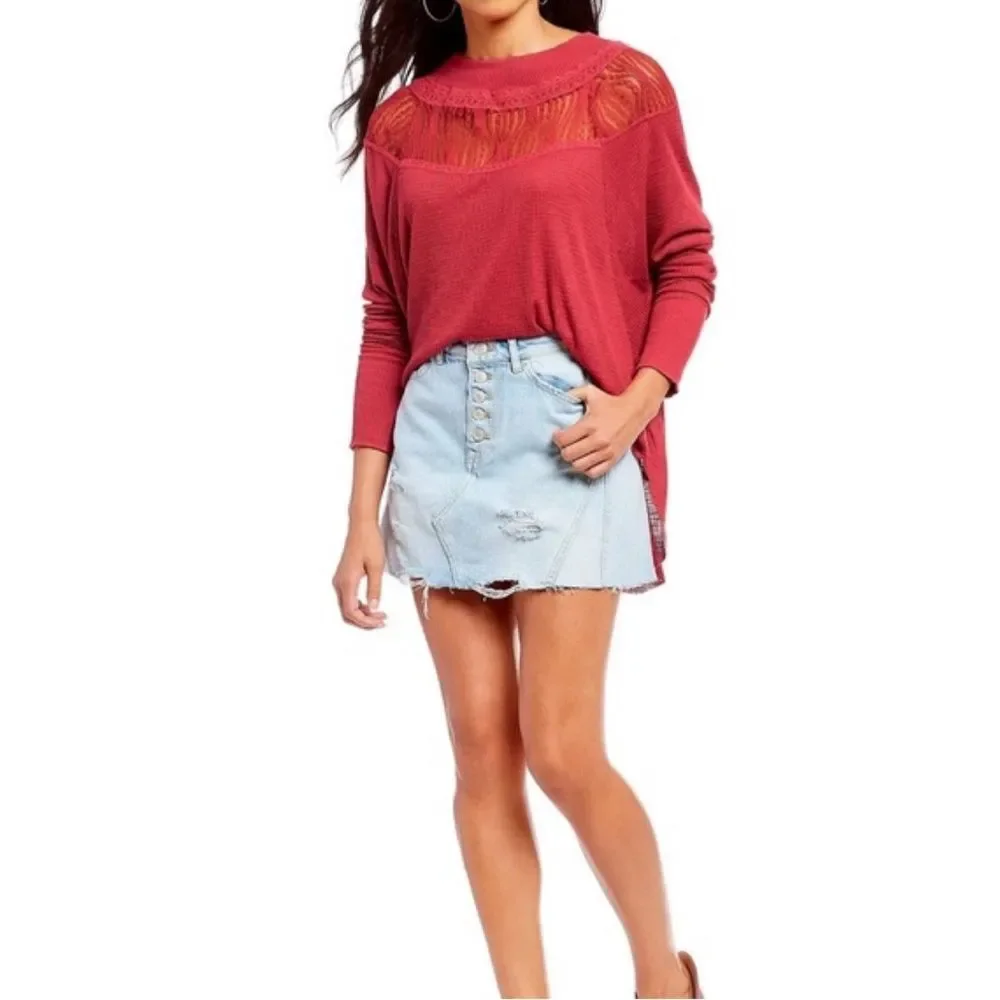 Free People Waffle Knit Thermal Top With Lace Trim